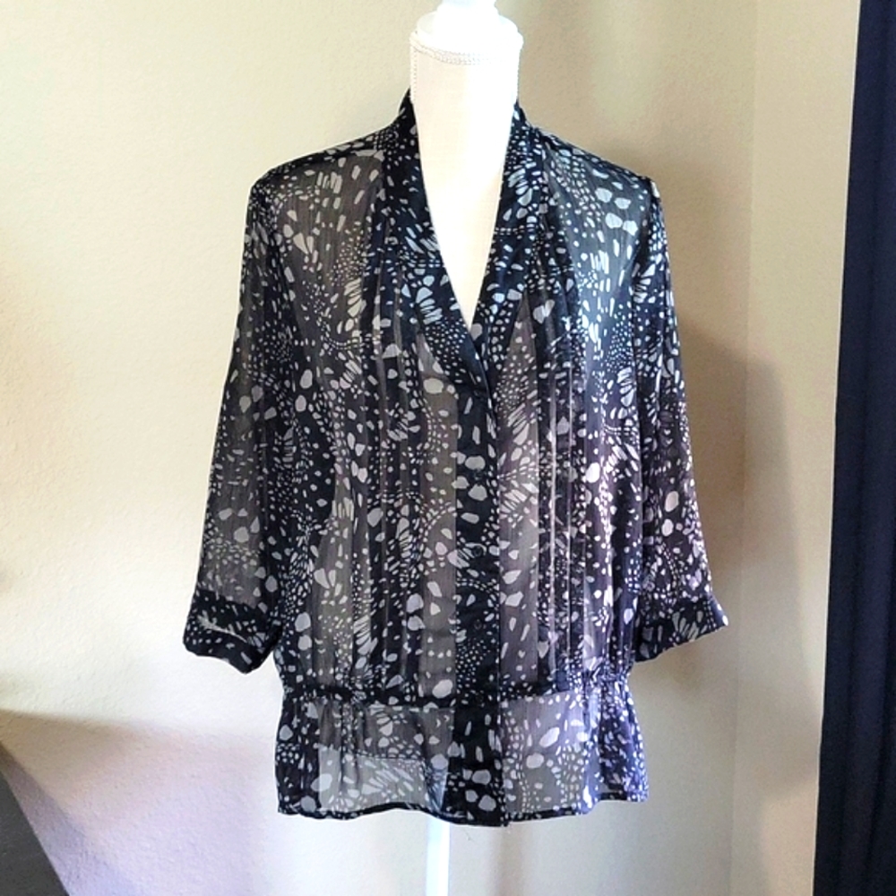 Gap Factory XL Sheer Shirred Peplum Ruffle Black and Grey Button Pleated Top